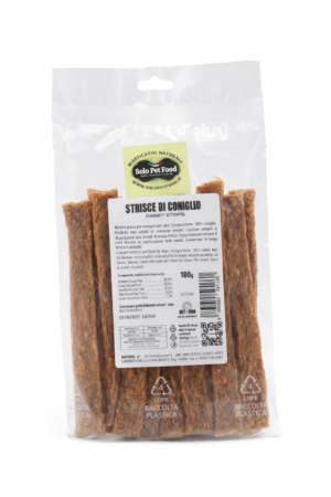Strisce di coniglio essiccate per cani, snack naturale masticativo in busta trasparente
