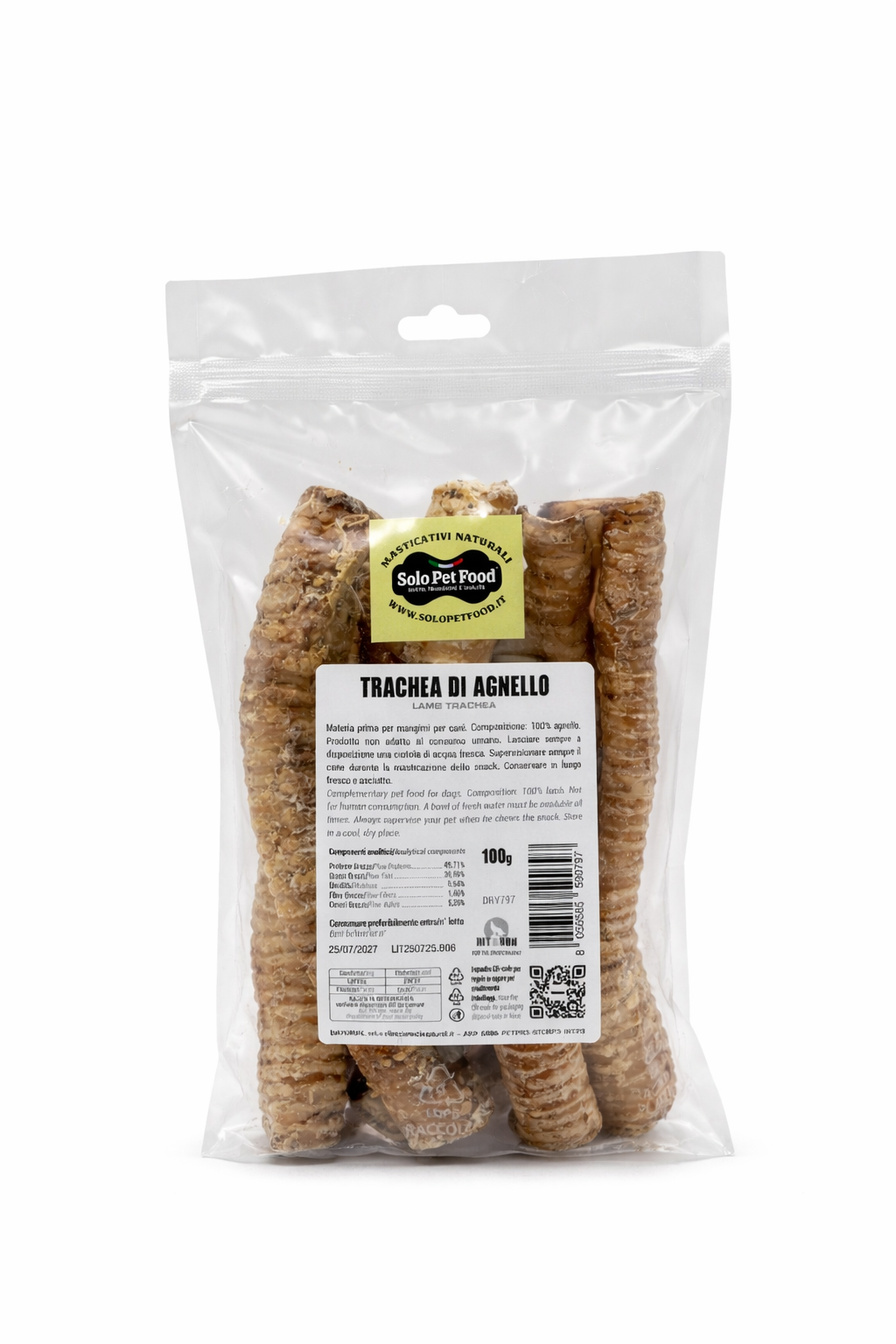 Trachea di agnello essiccata per cani in confezione trasparente